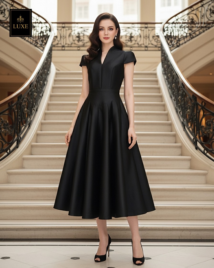 เดรสแฟชั่น เดรสเสื้อคอตั้ง แขนสั้น กระโปรงบาน