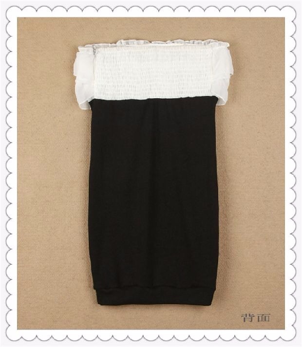 ชุดเดรสสั้น เดรสปาร์ตี้ เดรสออกงาน กลางคืน เดรสเกาะอกสีดำ แต่งระบายชีฟองขาว เนื้อผ้ายืดเข้ารูป สวยเปรี่้ยวมั่กๆคร่า +G-string