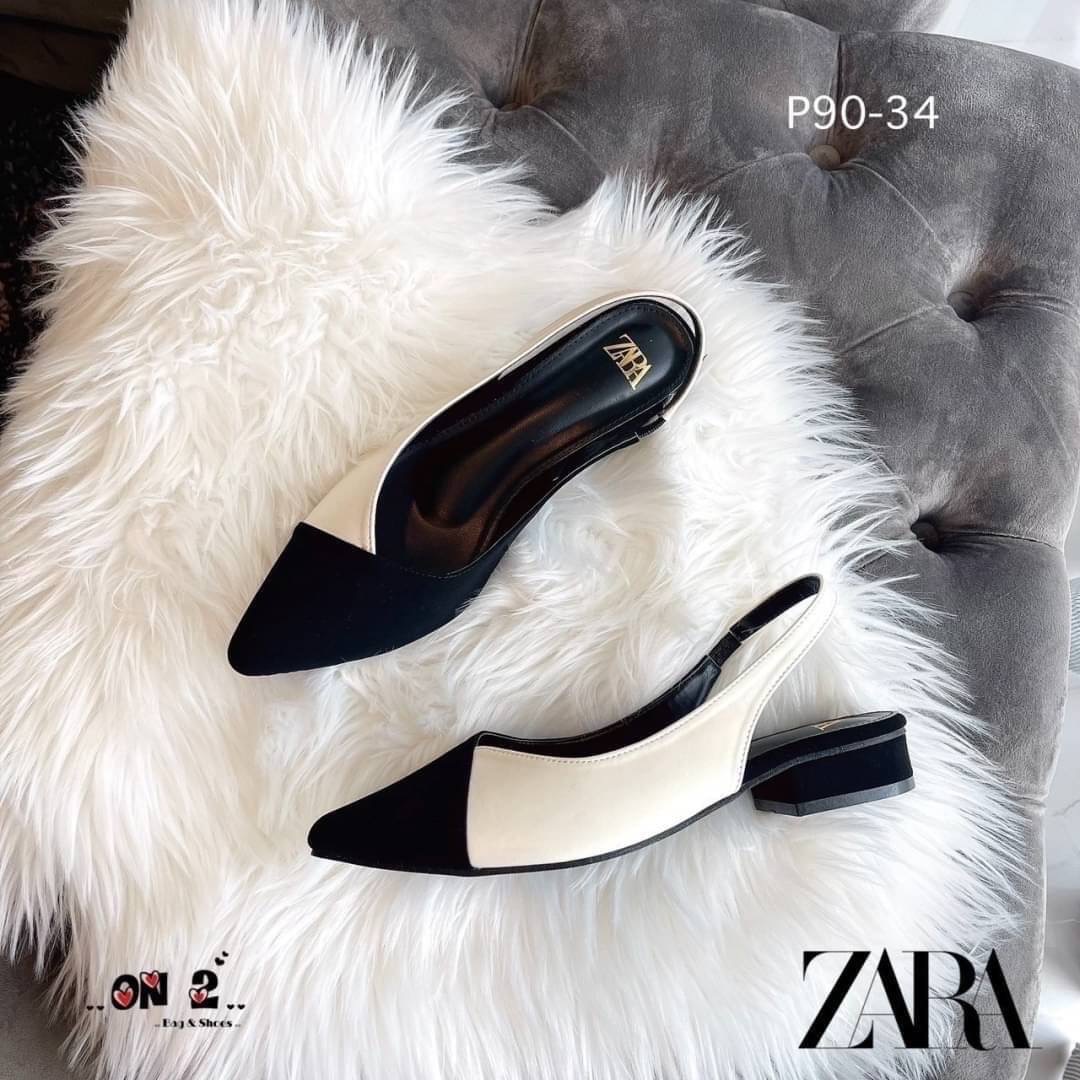 ZARA รองเท้าคัชชูหัวแหลมเปิดหลังสวมข้อเท้างานZARA ด้านหลังแบบยืดได้ สีสวยคลาสสิค ดำ-ขาว ดำ-ครีม ใส่แมทซ์กับชุดได้เยอะค่ะ