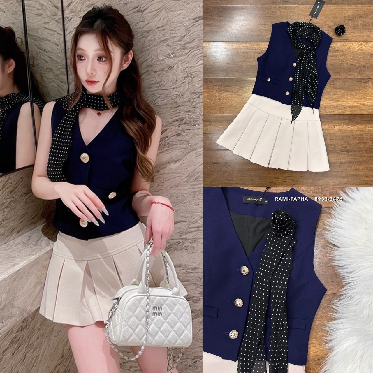 ชุดเซทแฟชั่น ชุดเซต4ชิ้น สุดคุ้ม!! เสื้อโทนสีกรม คอวีกระดุมหน้าสีทองสวยหรูโดดเด่น