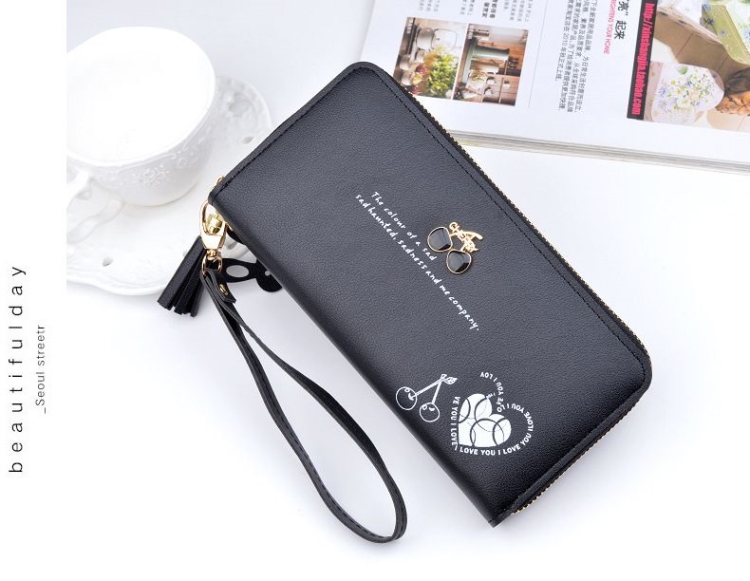 Purse Bags Wallet For Women Ladies Bag Long Pocket Leather กระเป๋าสตางค์ใบยาวแบบซิปรอบ CHERRY มีสายคล้องมือ