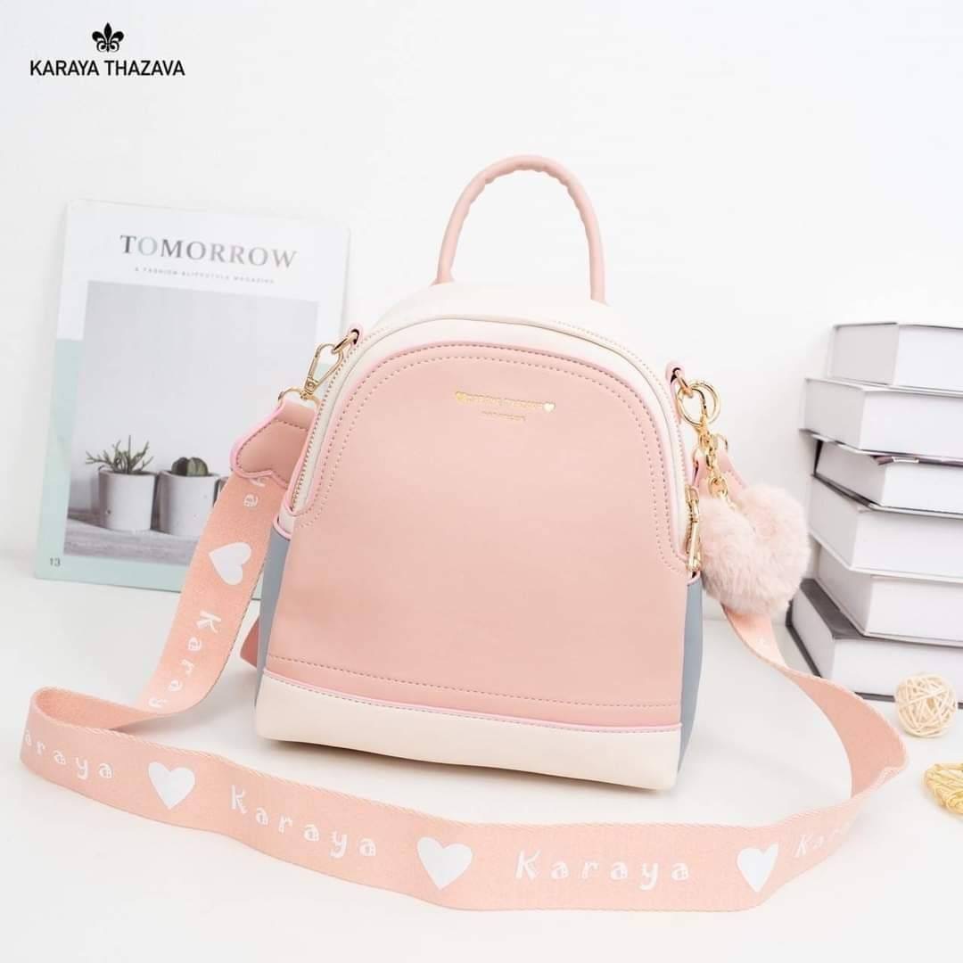 พร้อมส่ง เป้หนัง Karaya แบรนด์แท้ เป้ได้+สะพายข้างได้ สายสปอต สีทรูโทนพาสเทล สวยละมุน แถมฟรี‼️ปอมๆ
