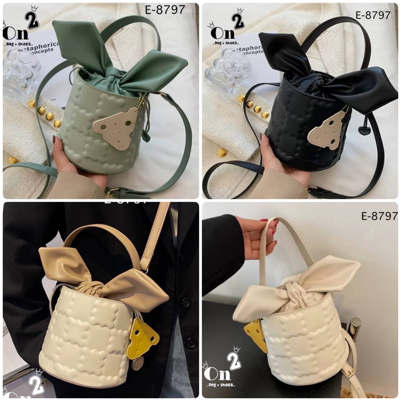 กระเป๋าสะพายแฟชั่นทรงถัง เปิดปิดแบบหูรูด มัดเป็นโบว์น่ารักมากค่ะ มาพร้อมสายสะพายยาว จะถือหรือสะพายก็เริ่ดคร่า