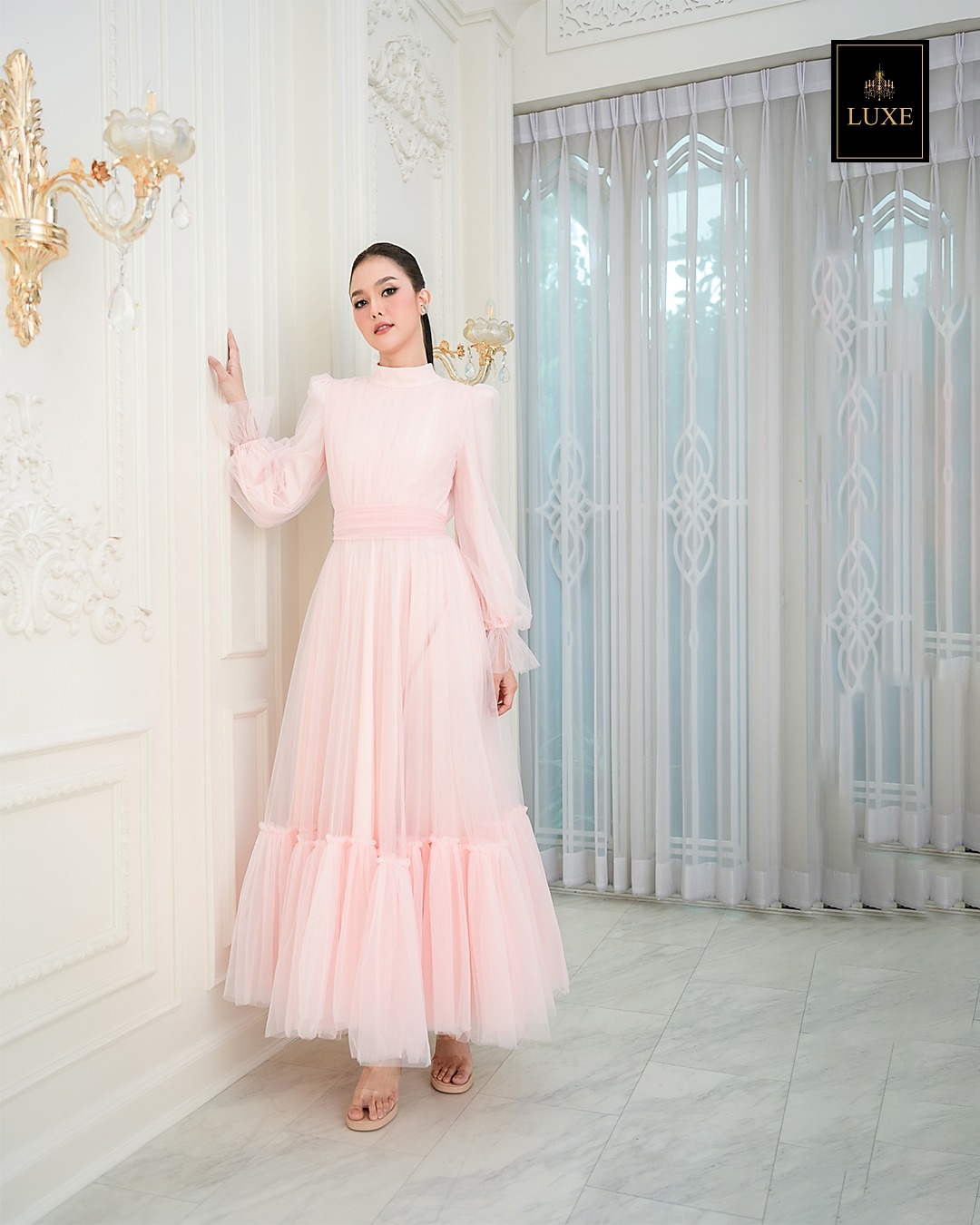 เดรสแฟชั่น แม็กซี่เดรสเสื้อคอปีนแขนยาว กระโปรงบานต่อชายรูดระบายรอบตัว