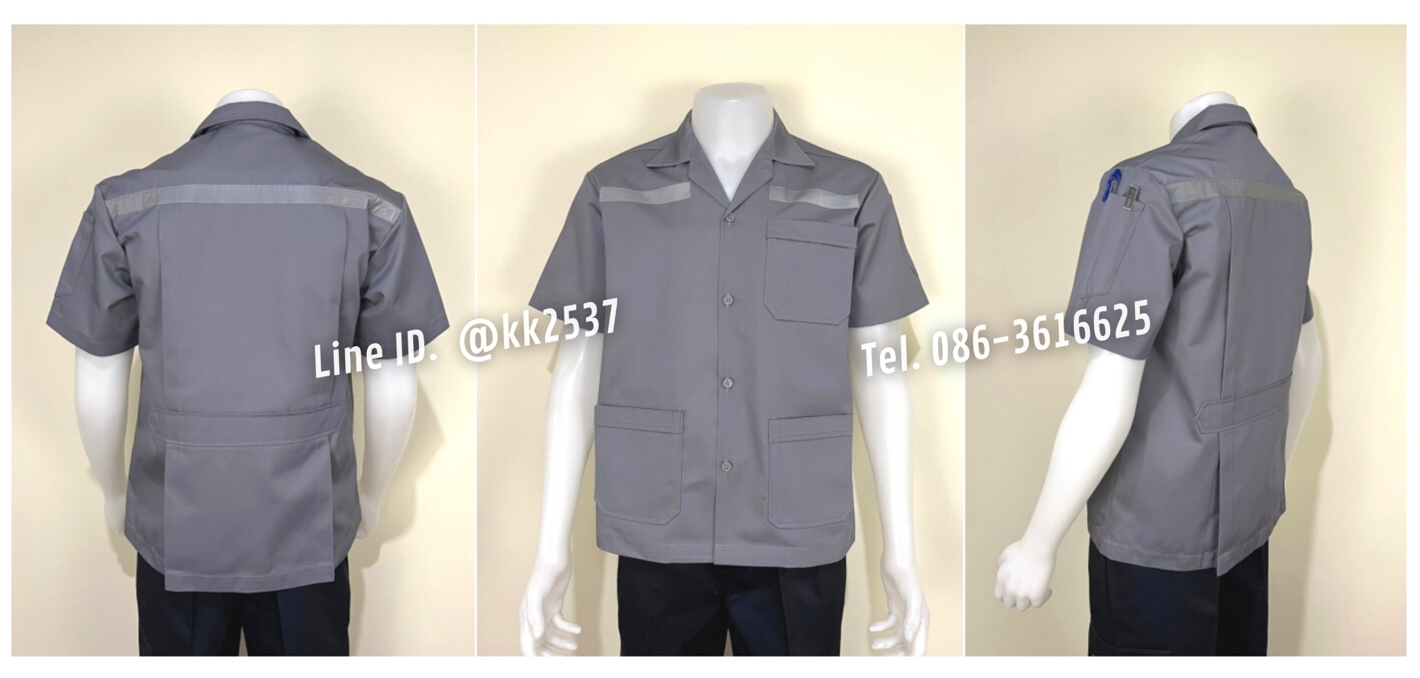 รหัส A 274 เสื้อช่างแขนสั้นแบบสามกระเป๋าสีเทาติดสะท้อนแสง(สั่งตัด)