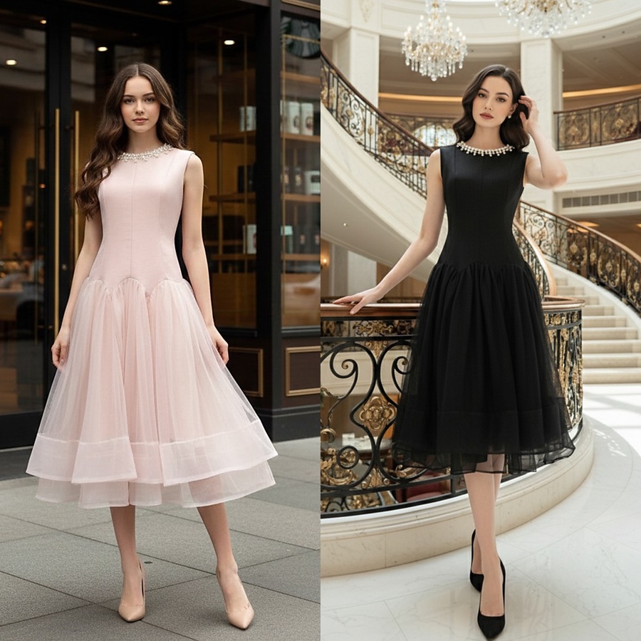 เดรสแฟชั่น เดรสเสื้อคอกลมแขนกุด กระโปรงบาน แต่งลูกปัดมุกรอบคอเสื้อ