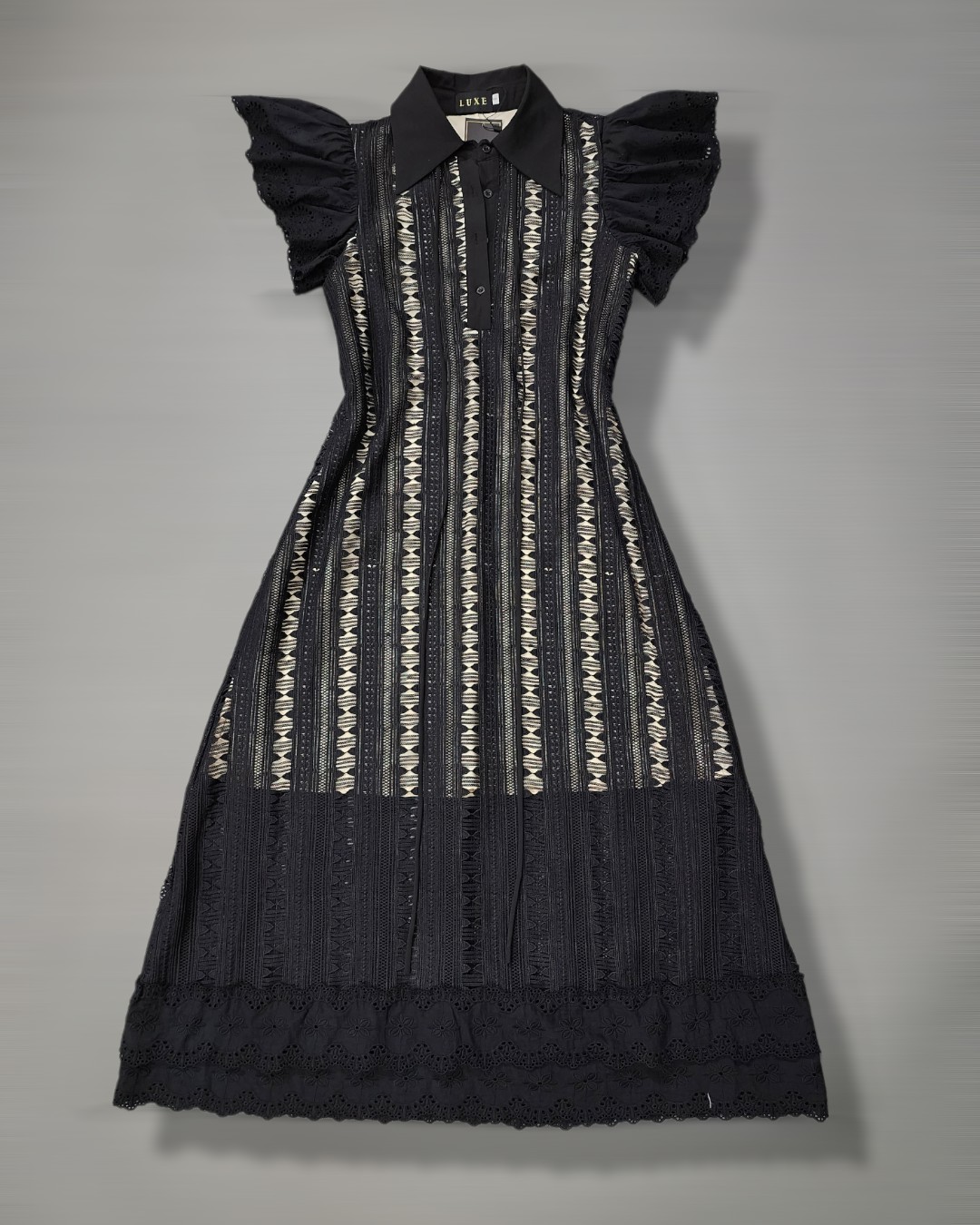 เดรสแฟชั่น เดรสเสื้อคอปกแขนระบาย กระโปรงทรงเอ แพทเทิร์นตัวหลวมใส่สบาย