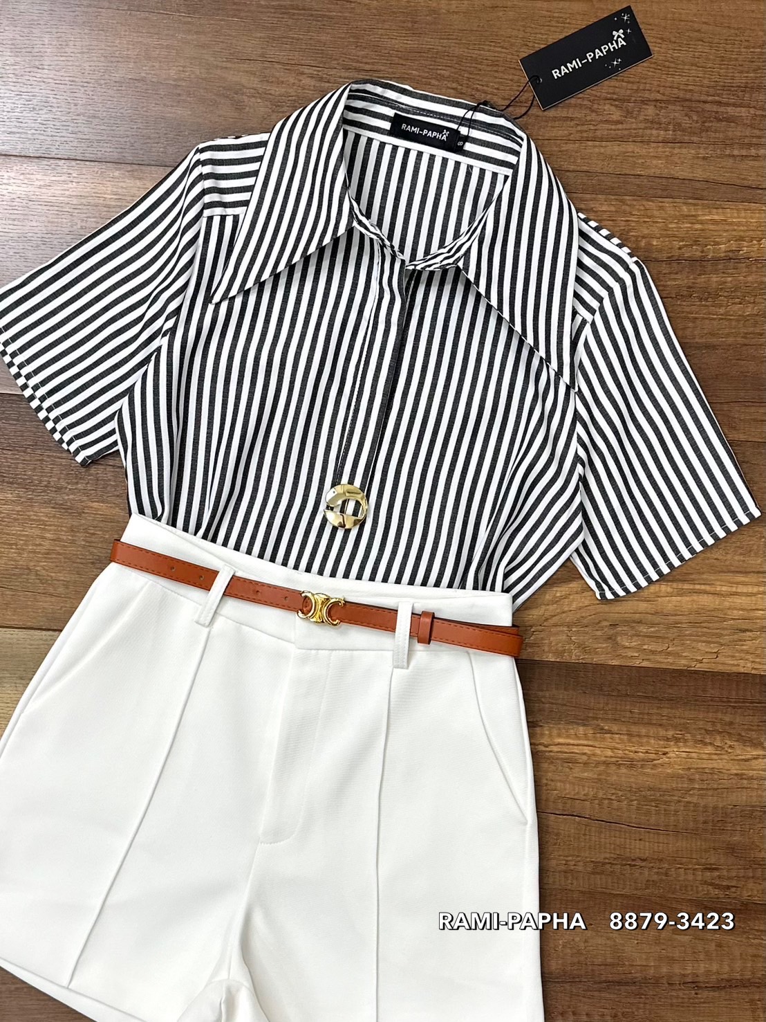 ชุดเซทแฟชั่น เซตส4ชิ้นสุดคุ้ม!! เสื้อเชิ้ตแขนสั้นคอปกเก๋ๆ ลายริ้วทางตรงสีสวยคลาสสิค