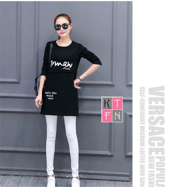 KTFN เดรสแฟชั่น ผ้าคอตตอนหนานิ่ม พิมพ์ลายอักษร สีดำ
