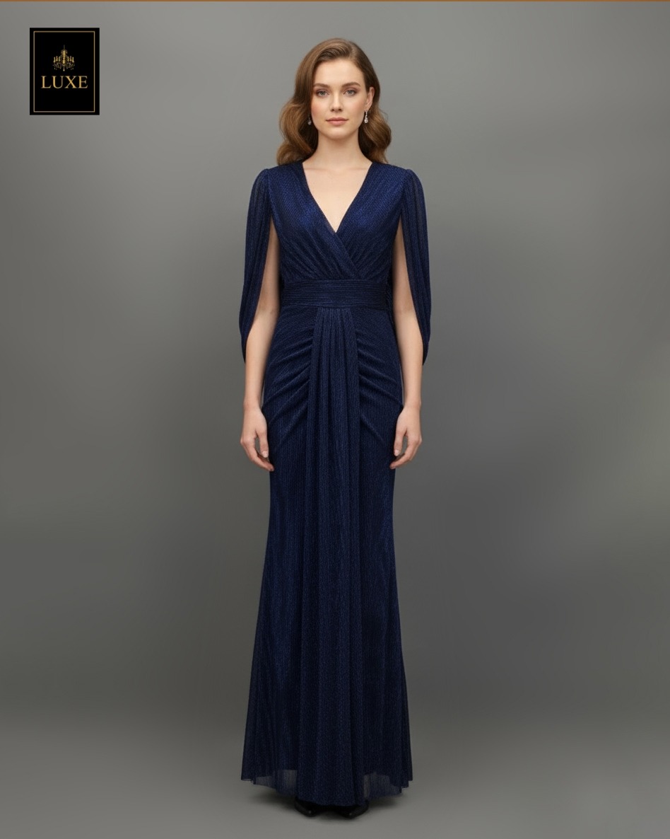 เดรสแฟชั่น แม็กซี่เดรสเสื้อคอวีคลุมแขน กระโปรงเข้ารูปตรงสะโพก