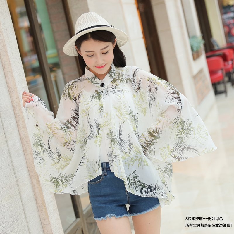 เสื้อคลุมไหล่ +ผ้าพันคอ ผ้าชีฟอง มีกระดุมคอ ลายใบไม้สีเขียวเทา