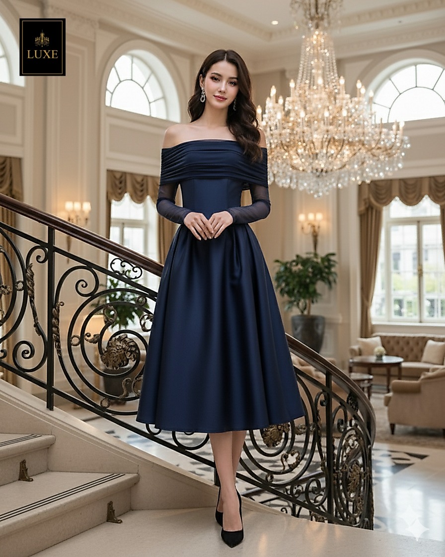 เดรสแฟชั่น เดรสเสื้อแขนยาวเปิดไหล่ กระโปรงยาวคลุมเข่า แขนเสื้อซีทรู