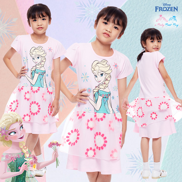 ( 4-6-8-10 ปี ) ชุดเดรสกระโปรงลายดอกไม้ แขนสั้น สีชมพู ลายเจ้าหญิงเอลซ่า ดิสนีย์แท้ ลิขสิทธิ์แท้ (สำหรับเด็ก4-6-8-10 ปี)