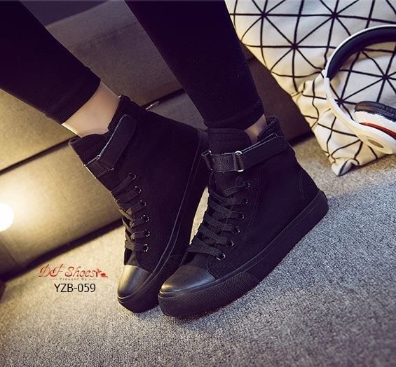สินค้าพร้อมส่ง รองเท้าผ้าใบหุ้มข้อนำเข้า สไตล์เกาหลี วัสดุผ้าแคนวาส พื้นหนัง PU แถบรัดข้อแบบเมจิกเทป สวมใส่ง่าย คุณภาพดีคุ้มราคาจ้า