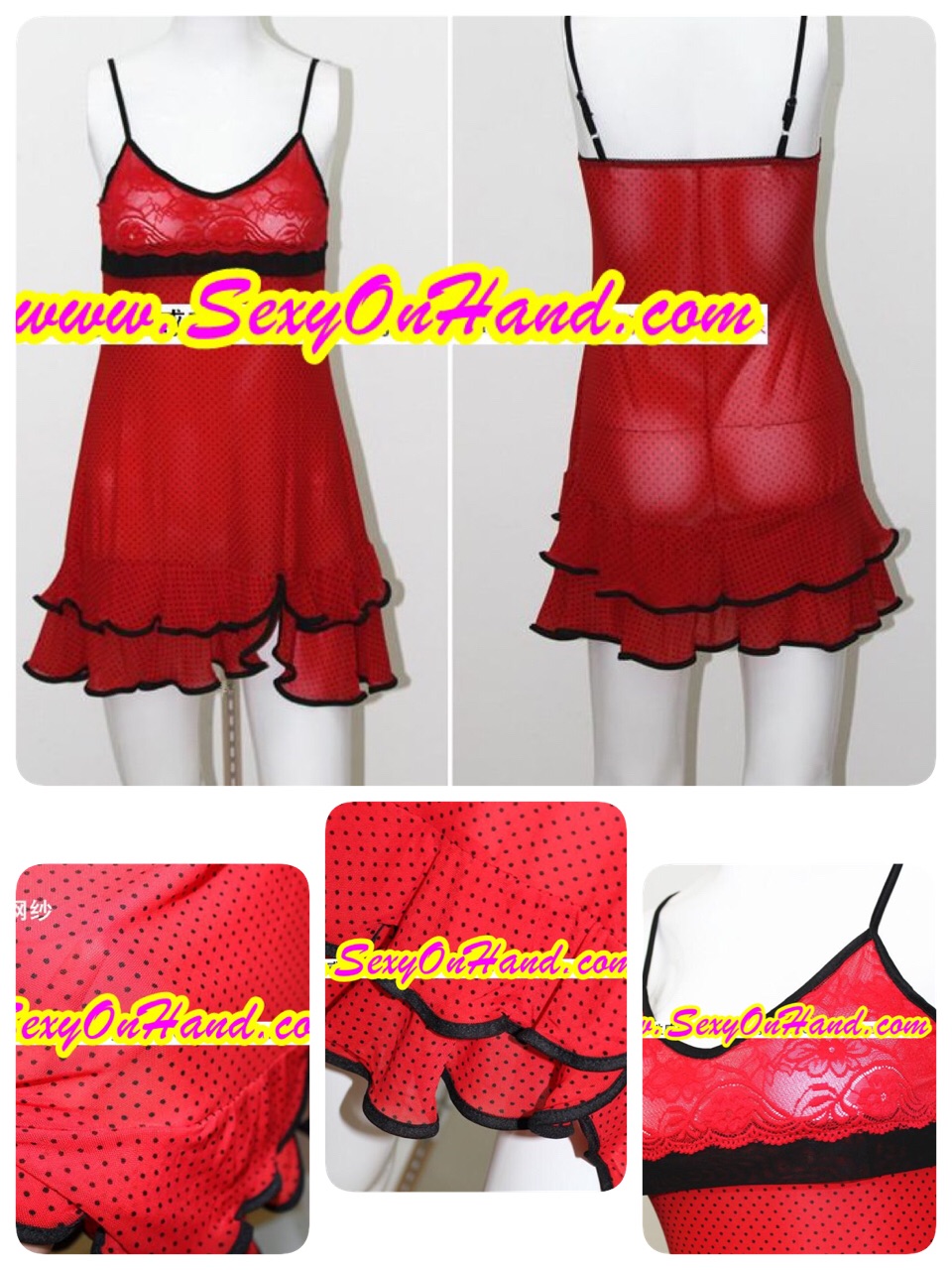 ชุดนอน สายเดี่ยว ซีทรู สีแดงลายจุด แต่งลูกไม้ช่วงอก และเล่นระบายชาย เกรดผ้าพรีเมี่ยม งานส่งยุโรปเกรดหรู เนื้อผ้าสวยทิ้งตัวคะ+G-string