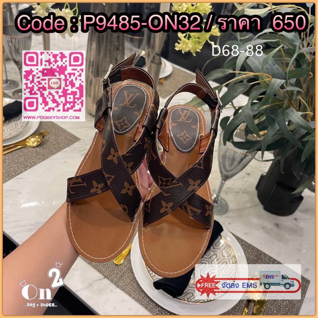 New in รองเท้าแตะ LV พื้นคิวทรงสวมไขว้รัดข้อเท้า สายปรับขนาดได้
