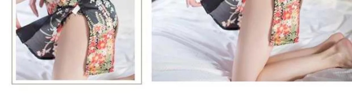 ชุดกี่เพ้าประยุกต์ ชุดกี่เพ้า สาวหมวยอินเตอร์ สีดำ ลายดอกไม้ แต่งแหวกข้าง