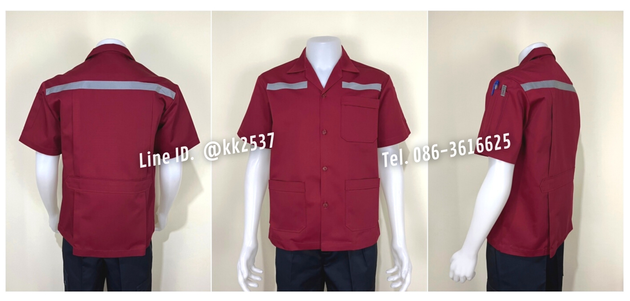 รหัส A 275 เสื้อช่างแขนสั้นแบบสามกระเป๋าสีเลือดหมูติดสะท้อนแสง(สั่งตัด)