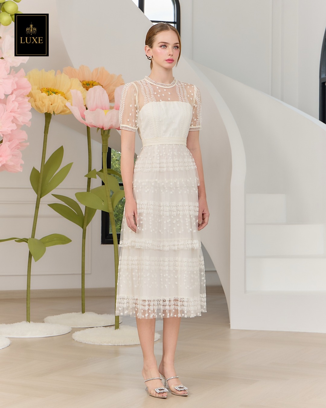 เดรสแฟชั่น เดรสเสื้อคอกลมแขนสั้น กระโปรงอัดพลีท3ชั้น