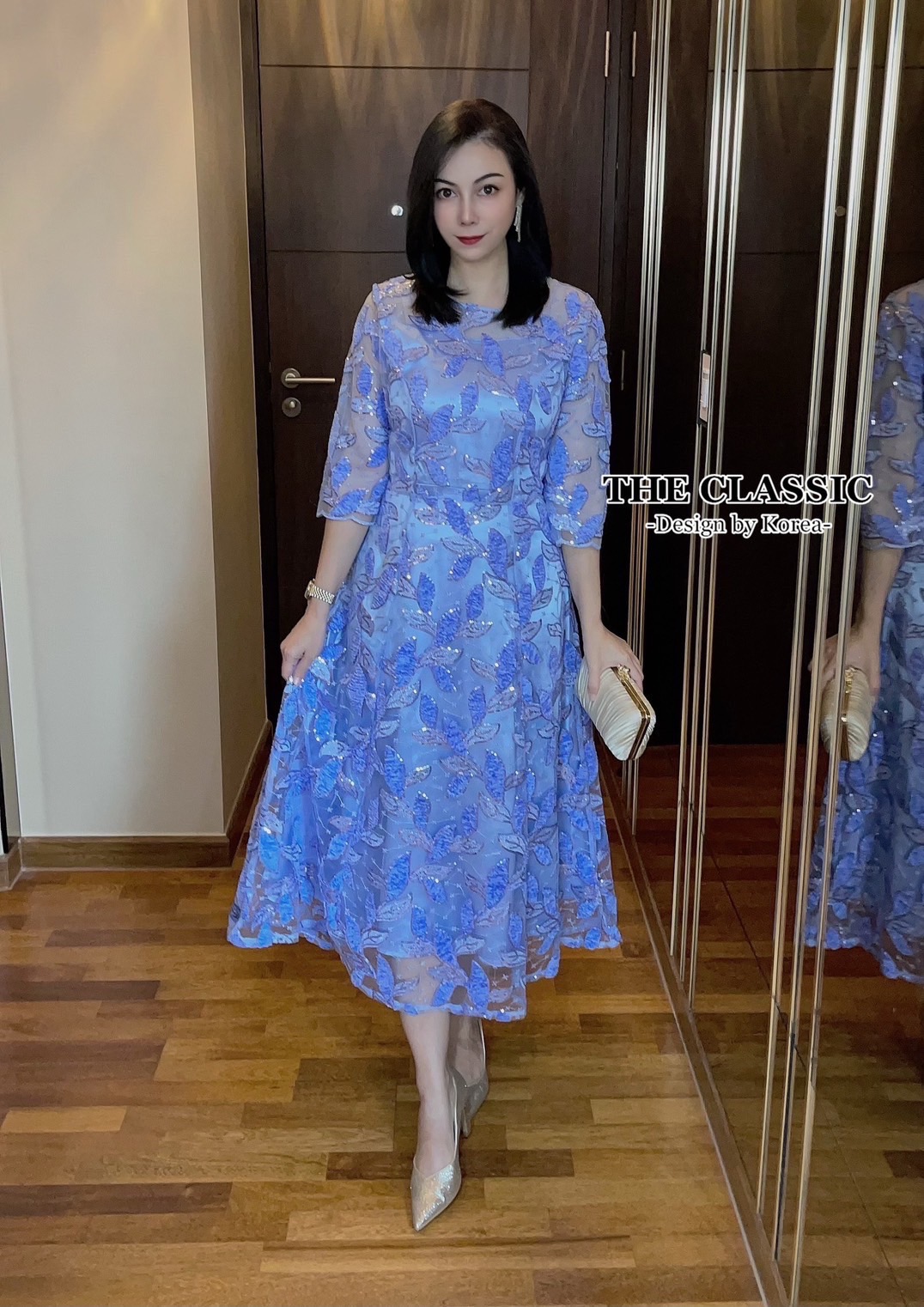 เดรสแฟชั่น เดรสยาวออกงานปักเลื่อม ใช้ผ้าเนื้อดีปักลวดลายใบไม้