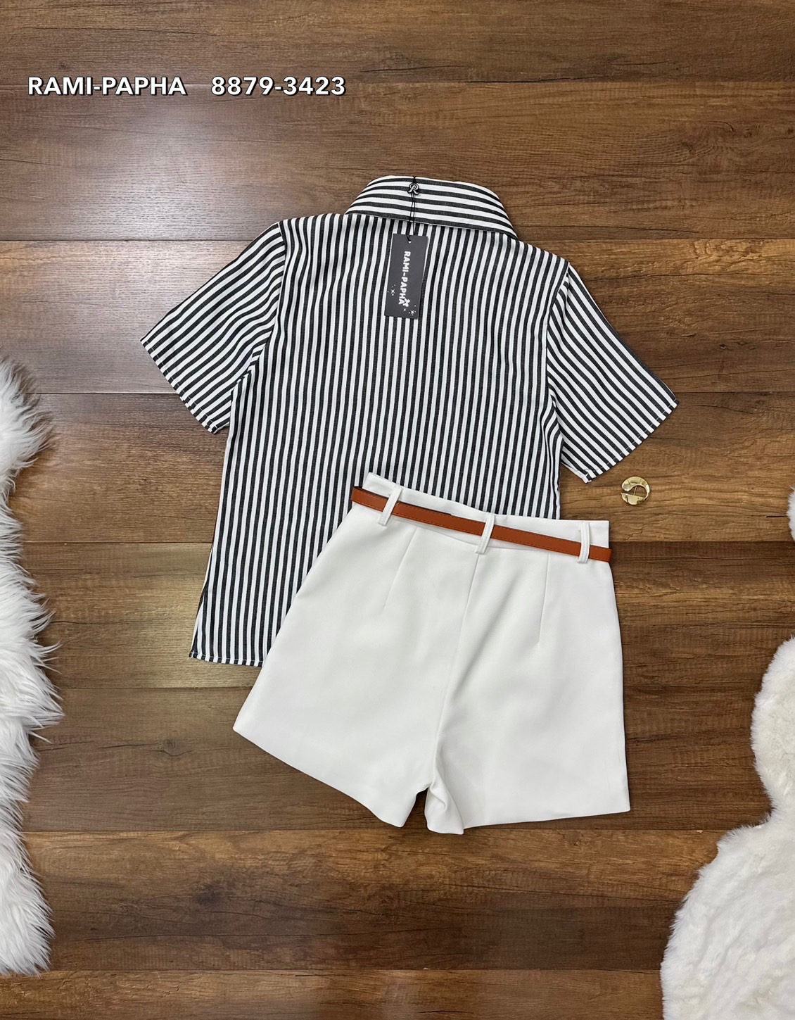 ชุดเซทแฟชั่น เซตส4ชิ้นสุดคุ้ม!! เสื้อเชิ้ตแขนสั้นคอปกเก๋ๆ ลายริ้วทางตรงสีสวยคลาสสิค