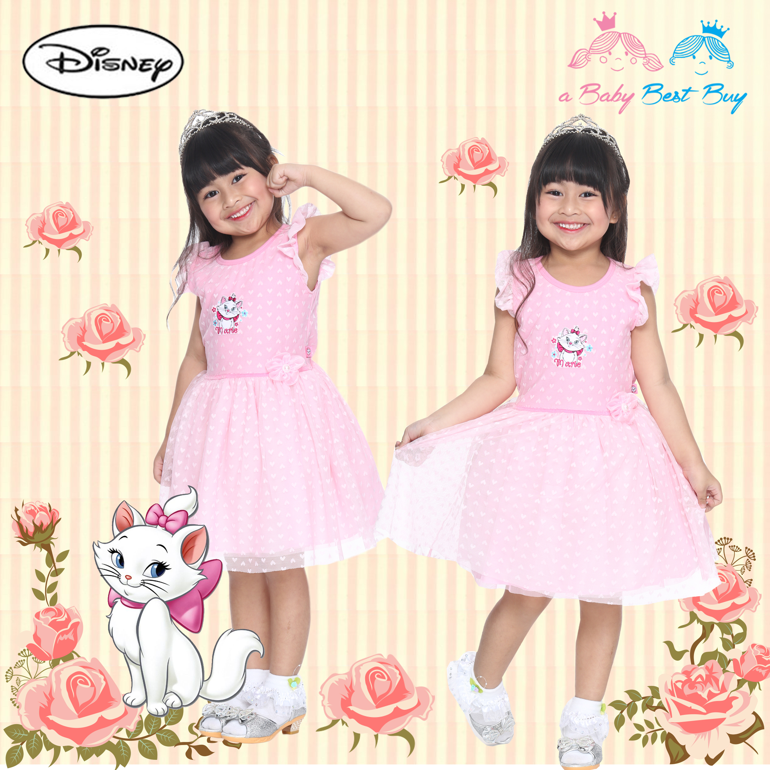 ฮ (Size 4-6-8) ชุดเดรส Disney Marie สีชมพูเข้ม แขนกุด ดิสนีย์แท้ ลิขสิทธิ์แท้ (สำหรับเด็ก4-6-8 ปี)