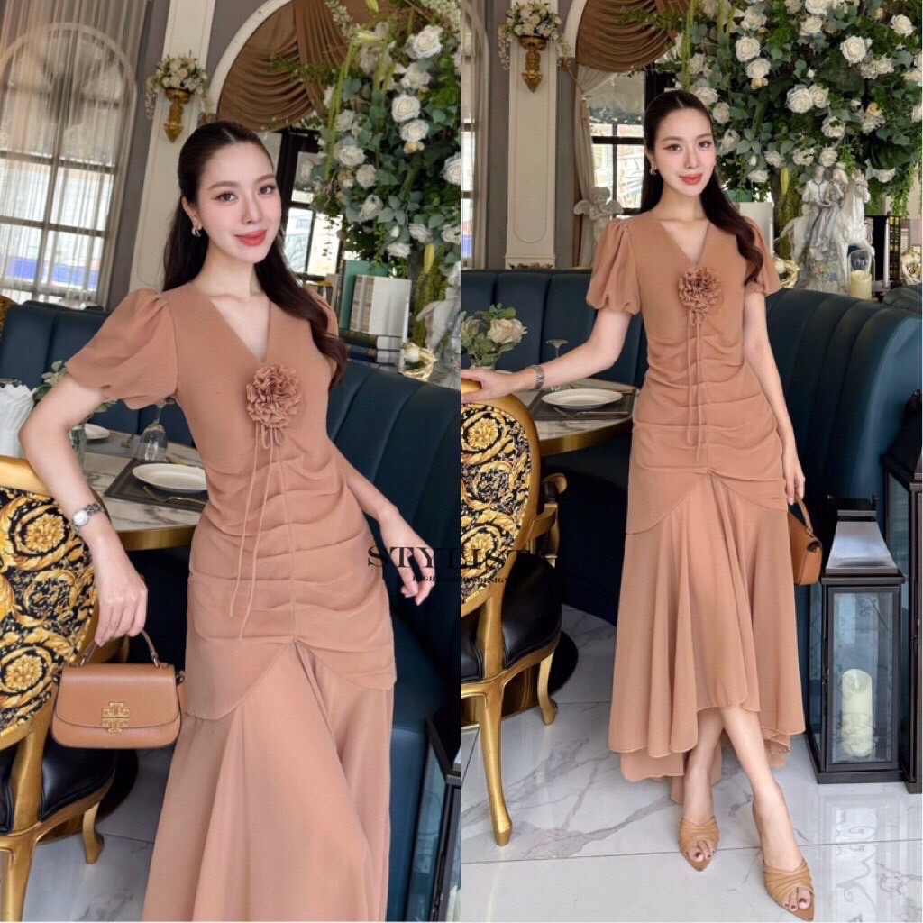 เดรสแฟชั่น Mocha Blossom Dress – เดรสชีฟองผูกอก สีมอคค่านุ่มละมุน