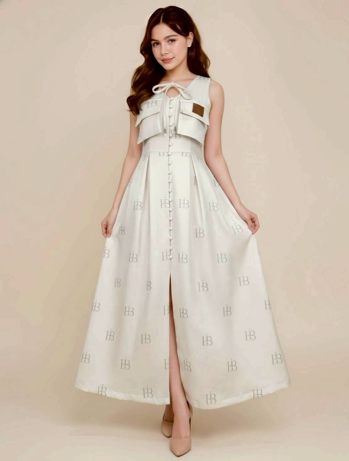 เดรสยาวสีครีมละมุนตุ้น คอวีแขนกุด ผูกโบว์ที่คอ มีกระเป๋าที่อก เอวข้ารูป แต่งกระดุมด้านหน้า ซิปด้านหลัง ผ่าหน้า ลายพิมพ์ตัวอักษร สีสวยซอฟนุ่มมากคือละมุนใจ