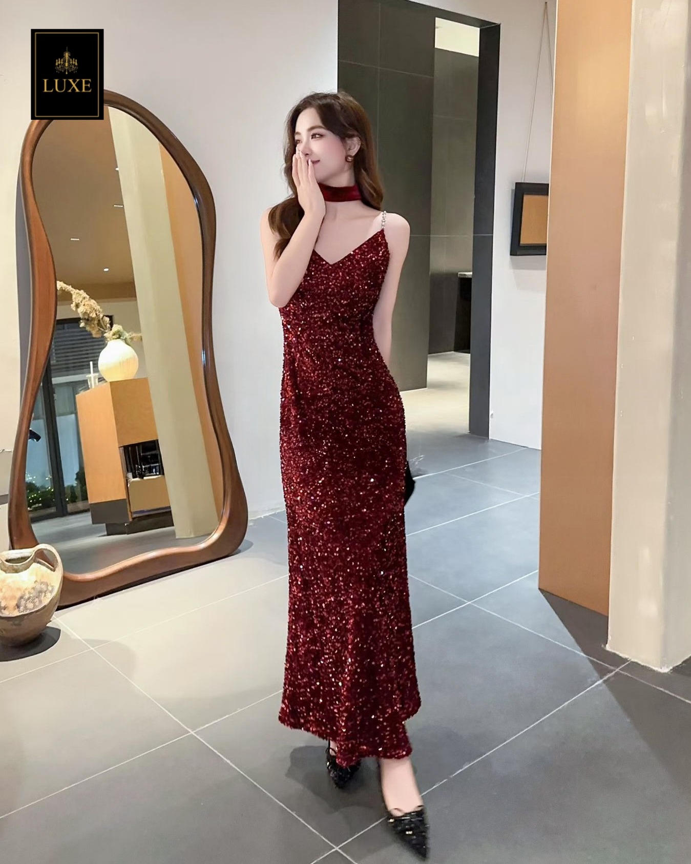 เดรสแฟชั่น เดรสเสื้อสายเดี่ยว กระโปรงยาวทางเอ