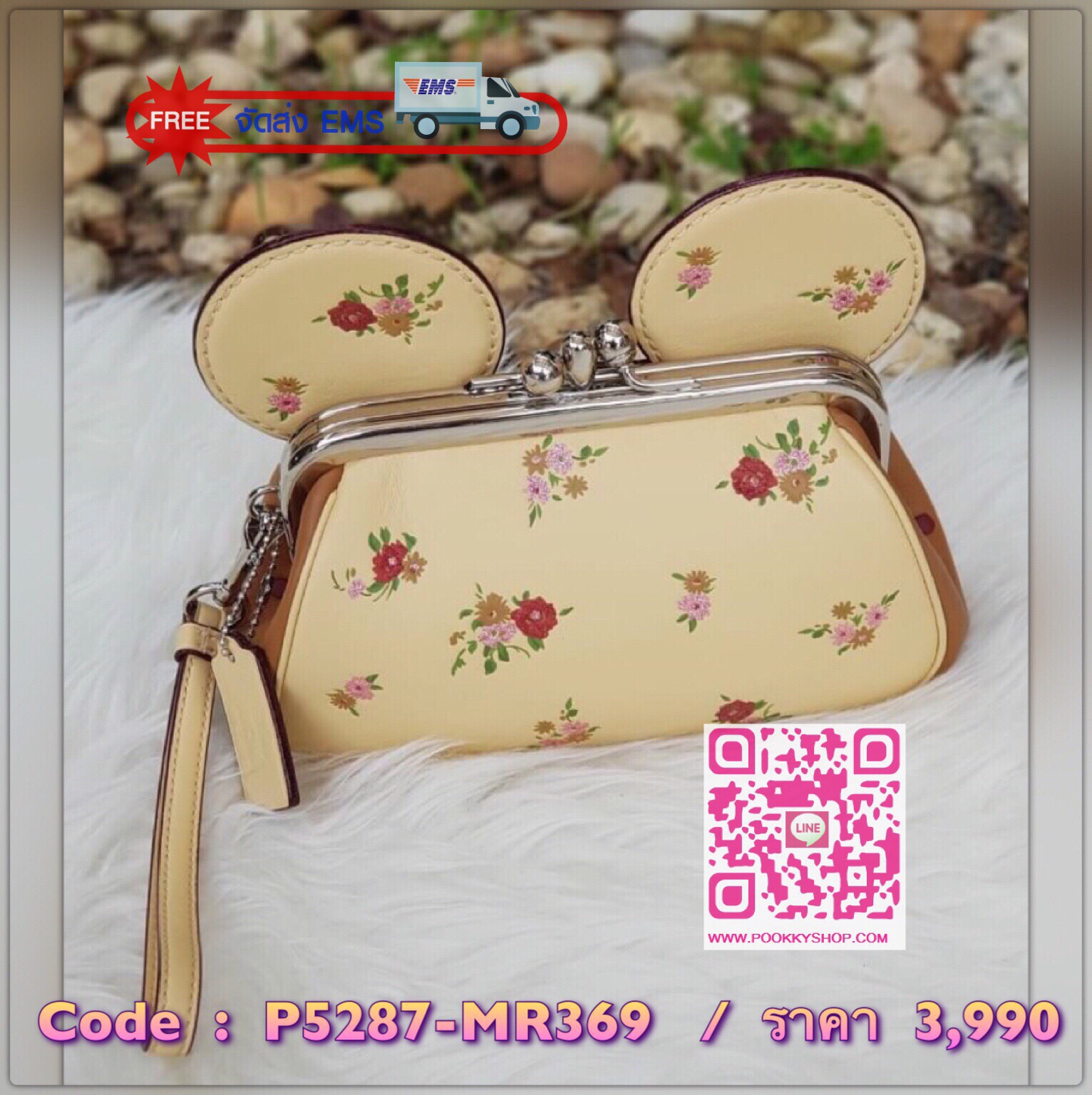 พร้อมส่ง COACH F29360 คม. KISSLOCK WRISTLET WITH FLORAL MIX PRINT AND MINNIE MOUSE EARS