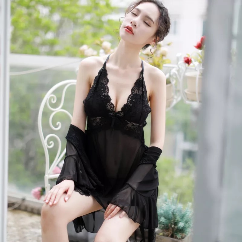 เซ็ทชุดคลุมนอน เซ็ดชุดนอน สายเดี่ยว+ชุดคลุมนอน ซีทรูสีดำ แต่งลูกไม้ สวย หรู งาน เซ็กซี่มากๆคะ สำเนา สำเนา สำเนา