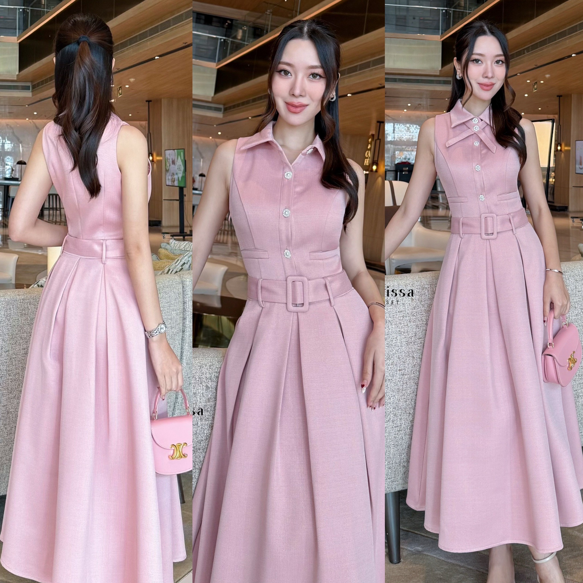 เดรสแฟชั่น เดรสผ้าพรีเมี่ยม มาพร้อมเข็มขัดและโชเกอร์