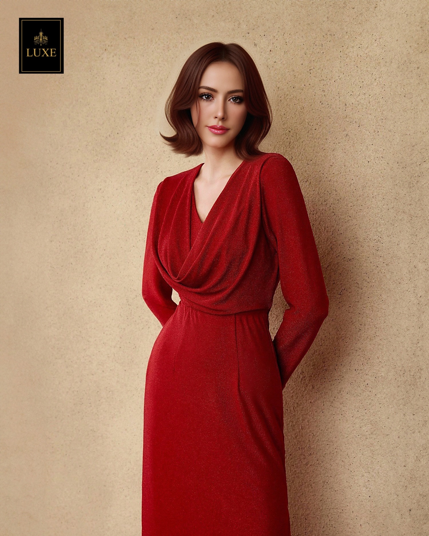 เดรสแฟชั่น แม็กซี่เดรสเสื้อแขนยาวคอวี ดีเทลด้านนอกเป็นคอถ่วง กระโปรงทรงสอบผ่าข้าง