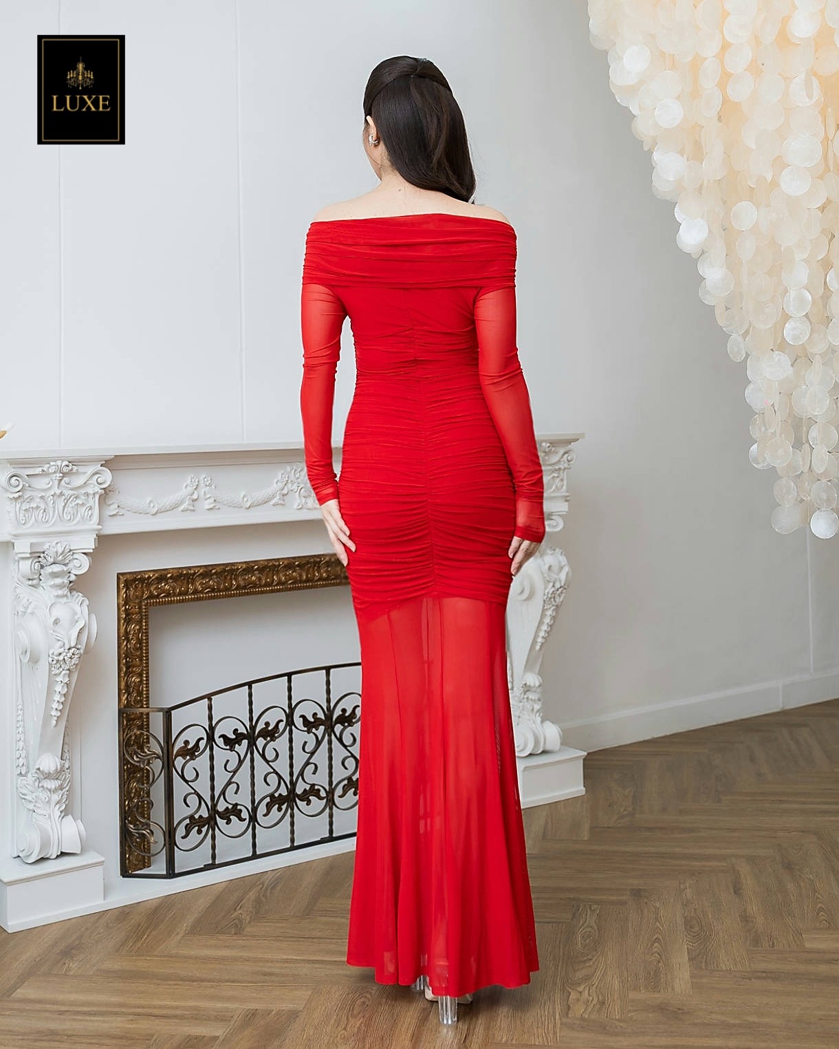 เดรสแฟชั่น แม็กซี่เดรส เสื้อแขนยาวเปิดไหล่ ดีเทลจับเดรป