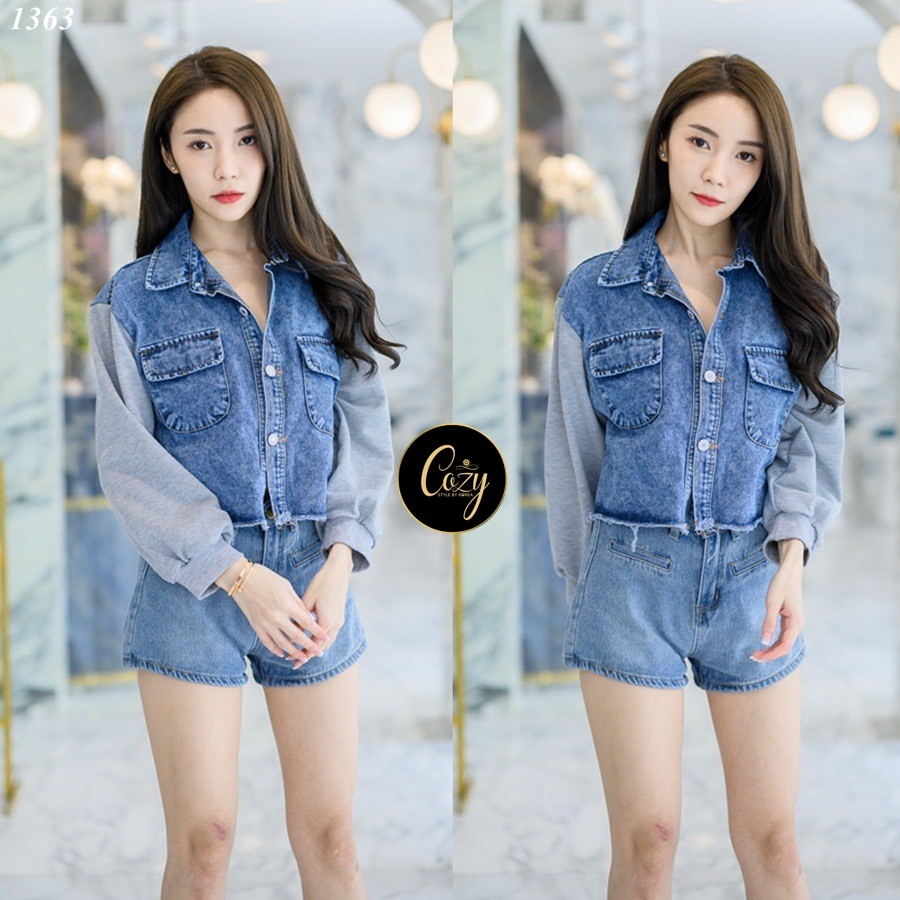 เสื้อแฟชั่น เสื้อครอปยีนส์ฟอกต่อแขนผ้ายืดสีเทาแขนยาวจั๊มปลายแขน กระเป๋าหน้าอก 2 ข้าง