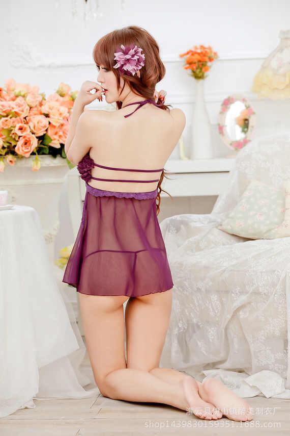 ชุดนอนเซ็กซี่ ชุดนอน ซีทรู ชุดนอน คล้องคอ สีม่วง จีบระบายช่วงอกแต่งห่วงสีเงิน แบบเปลือยหลังท่อนบน แต่งสายคาดสีม่วง 2เส้น แบบเปรี้ยวจี๊ดส์ เซ็กซี่สุดๆคะ + G-string เข้าชุดคะ