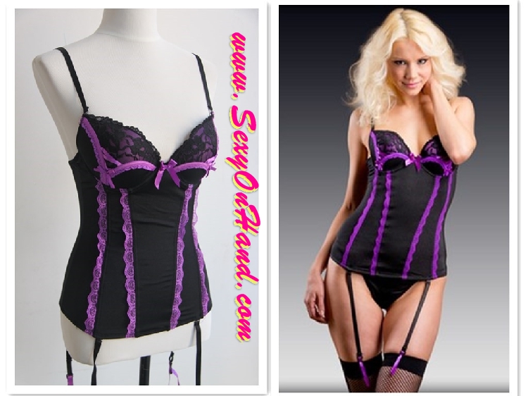 ชุดนอนเซ็กซี่ สไตล์คอร์เซ็ต สีดำ แต่งขอบระบาย แต่งแถบลูกไม้สีม่วง ช่วงตัว สินค้าเกรดพรีเมี่ยม งานยุโรป +G-string +สายรัดถุงน่อง ถอดใส่ได้