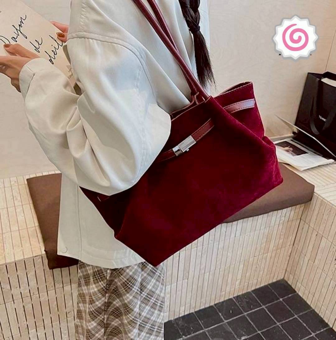 Shopping bag Korea style กระเป๋าสะพายไหล่ ทรง shopping วัสดุเป็นหนังกลับ (Suede PU leather) ด้านในกว้าง ใส่ของได้จุใจ