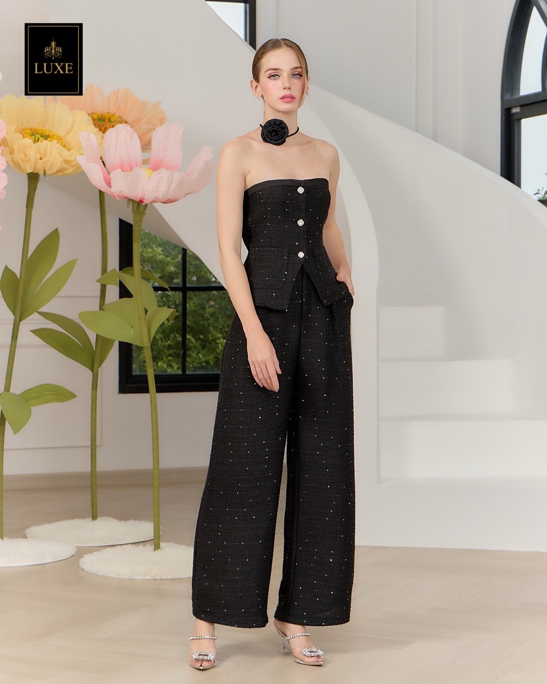 ชุดเซทแฟชั่น เซ็ตเสื้อเกาะอกทรงหลวม+กางเกงเอวสูงขากระบอกกว้าง