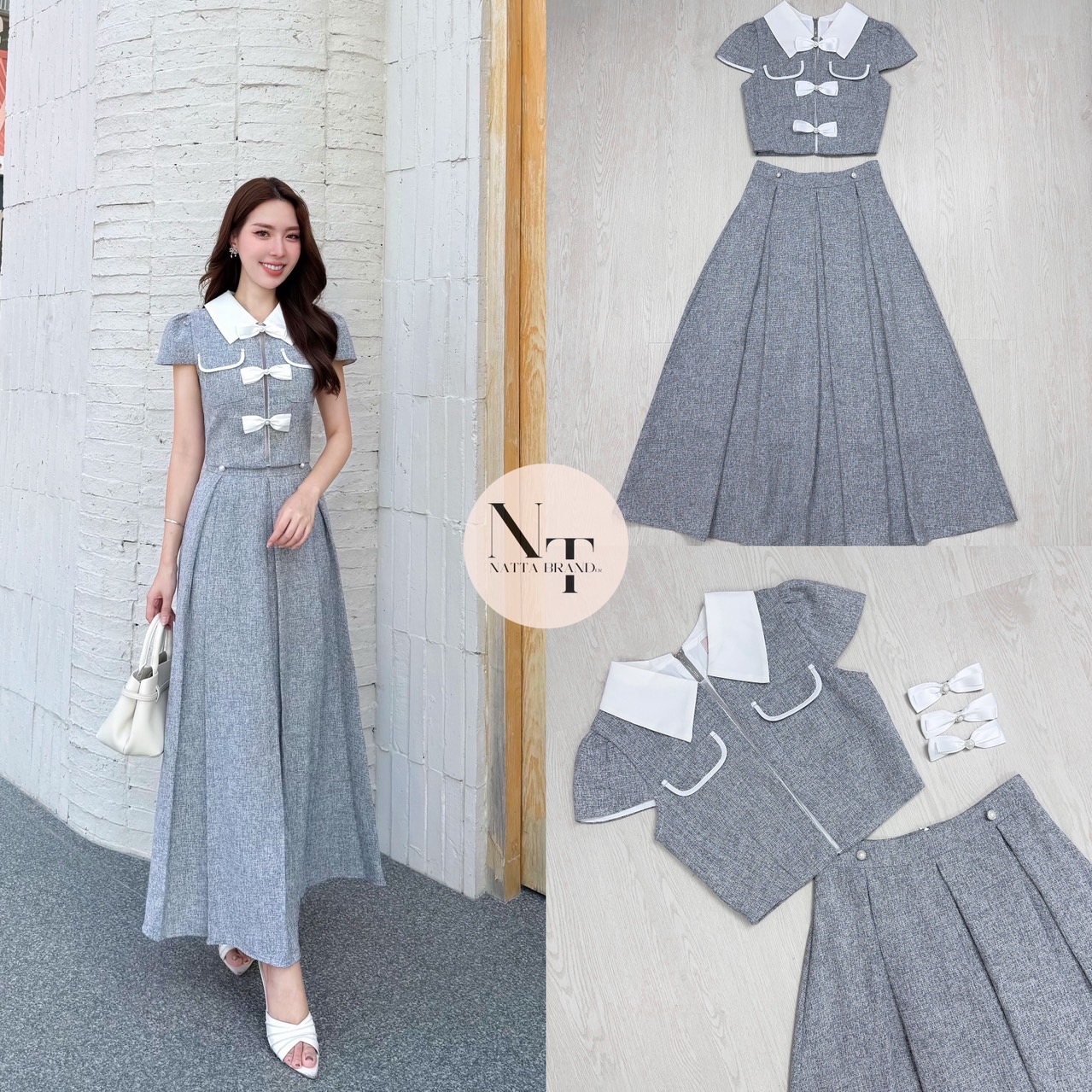 ชุดเซทแฟชั่น ชุด Set ผ้าทวิตความหนากำลังดี เสื้อแต่งกระเป๋าด้านหน้าใช้งานได้จริง