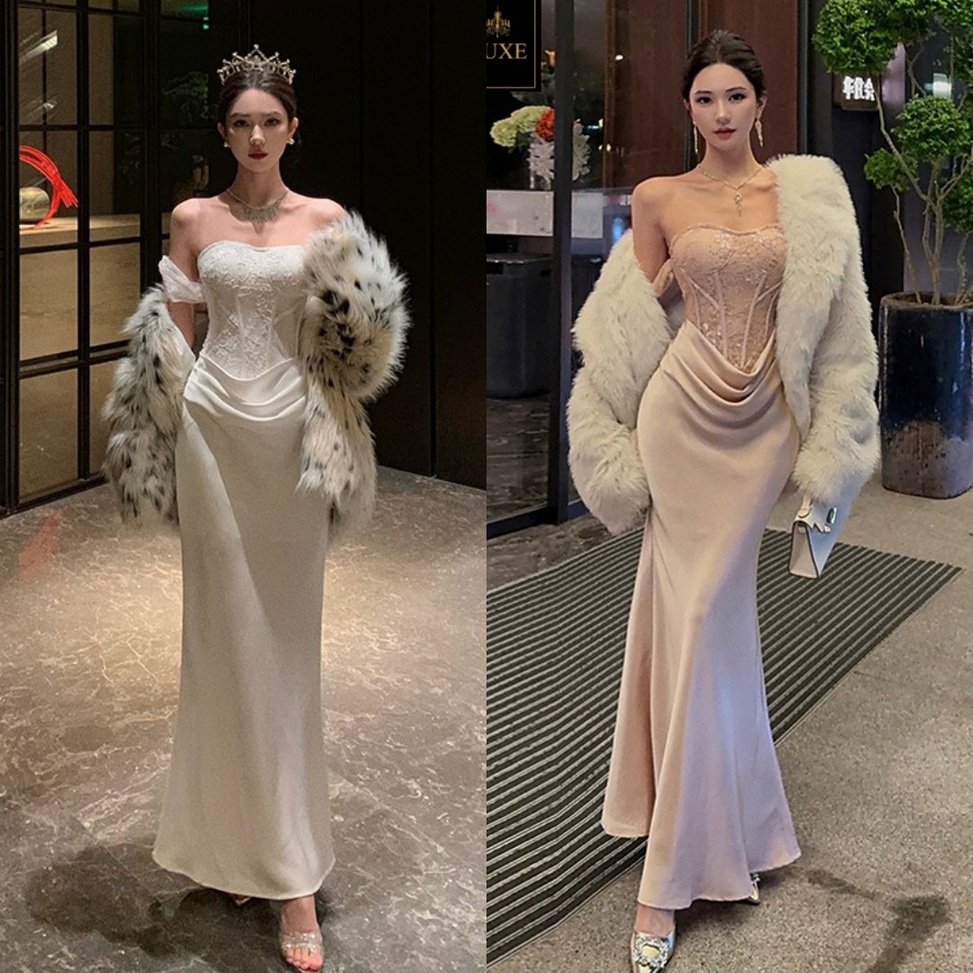 เดรสแฟชั่น เดรสเสื้อเกาะอกผ้าลูกไม้โครเชต์ แต่งผ้าคล้องแขน ผ้านุ่ม ยืดหยุ่นเล็กน้อย