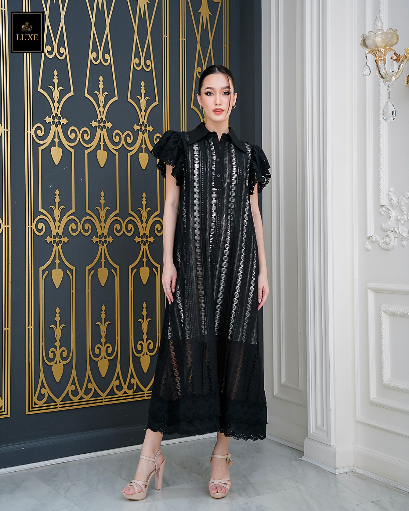 เดรสแฟชั่น เดรสเสื้อคอปกแขนระบาย กระโปรงทรงเอ แพทเทิร์นตัวหลวมใส่สบาย