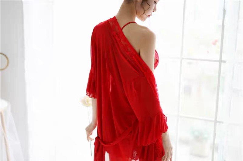 เซ็ทชุดคลุมนอน เซ็ดชุดนอน สายเดี่ยว+ชุดคลุมนอน ซีทรูสีนูทพีช แต่งลูกไม้ สวย หรู งาน เซ็กซี่มากๆคะ สำเนา