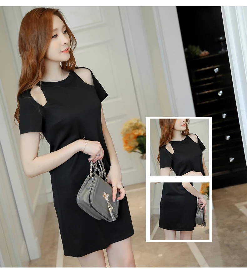 ชุดเดรสสั้น เดรส สีดำ แต่งเว้าไหล่ สวยเปรี้ยว มากคะ SIZE s/M