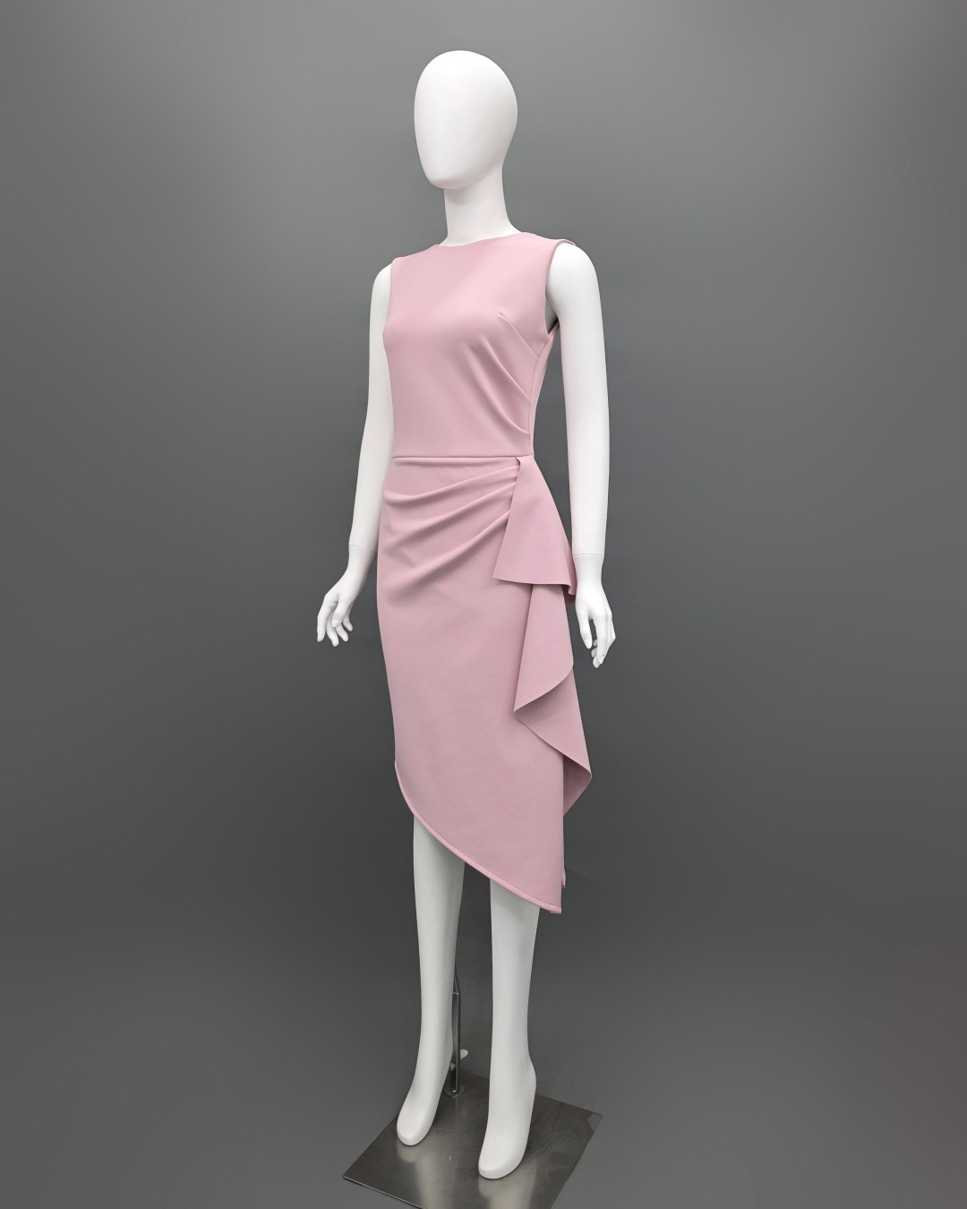 เดรสแฟชั่น เดรสเสื้อคอกลมแขนกุด กระโปรงทรงสอบ แต่งระบายข้าง ปลายเฉลียง