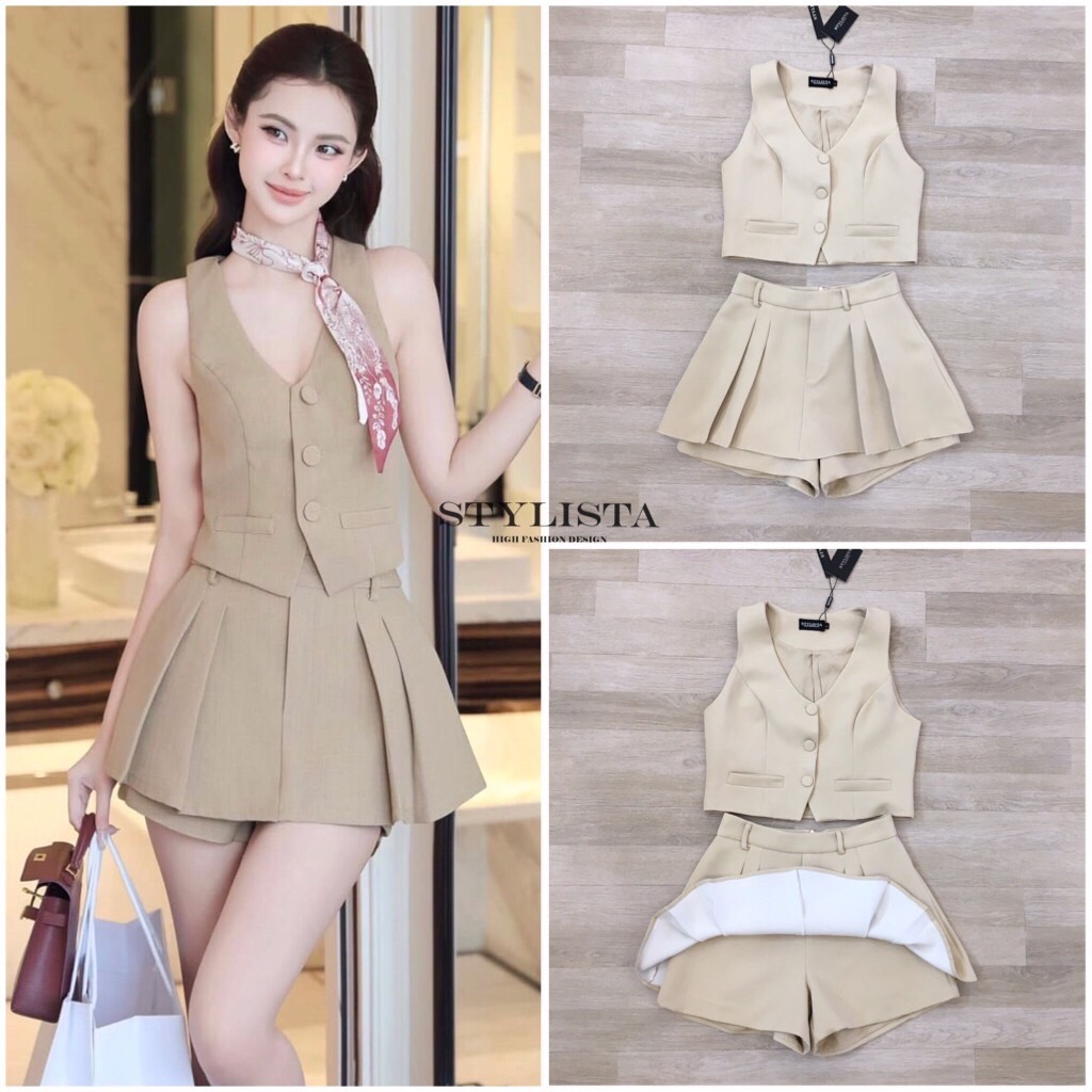 ชุดเซทแฟชั่น เซตเสื้อเบลเซอร์แขนกุด + กางเกงขาสั้นจีบหน้า