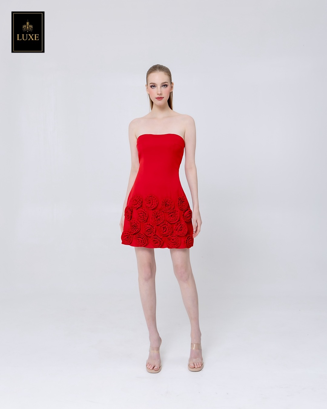 เดรสแฟชั่น เดรสเสื้อเกาะอก กระโปรงทรงเอ ทำจากผ้าฝ้ายผสมโพลีเอสเตอร์ เนื้อนุ่มยืดหยุ่น ใส่สบาย