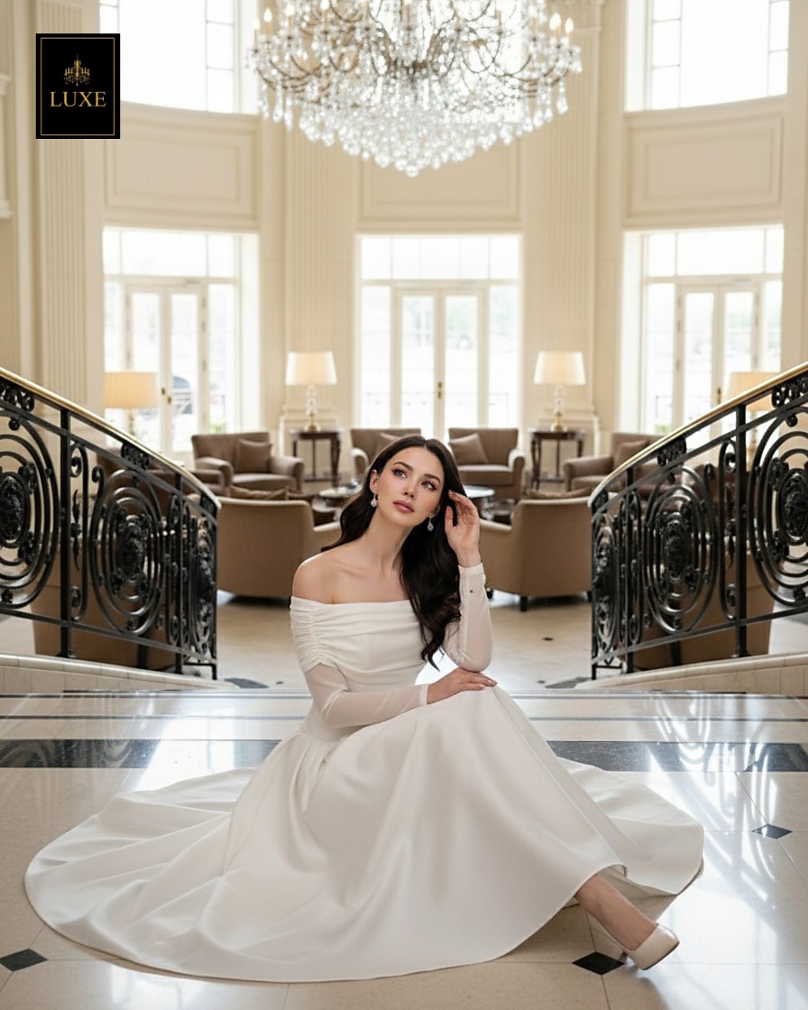 เดรสแฟชั่น เดรสเสื้อแขนยาวเปิดไหล่ กระโปรงยาวคลุมเข่า แขนเสื้อซีทรู