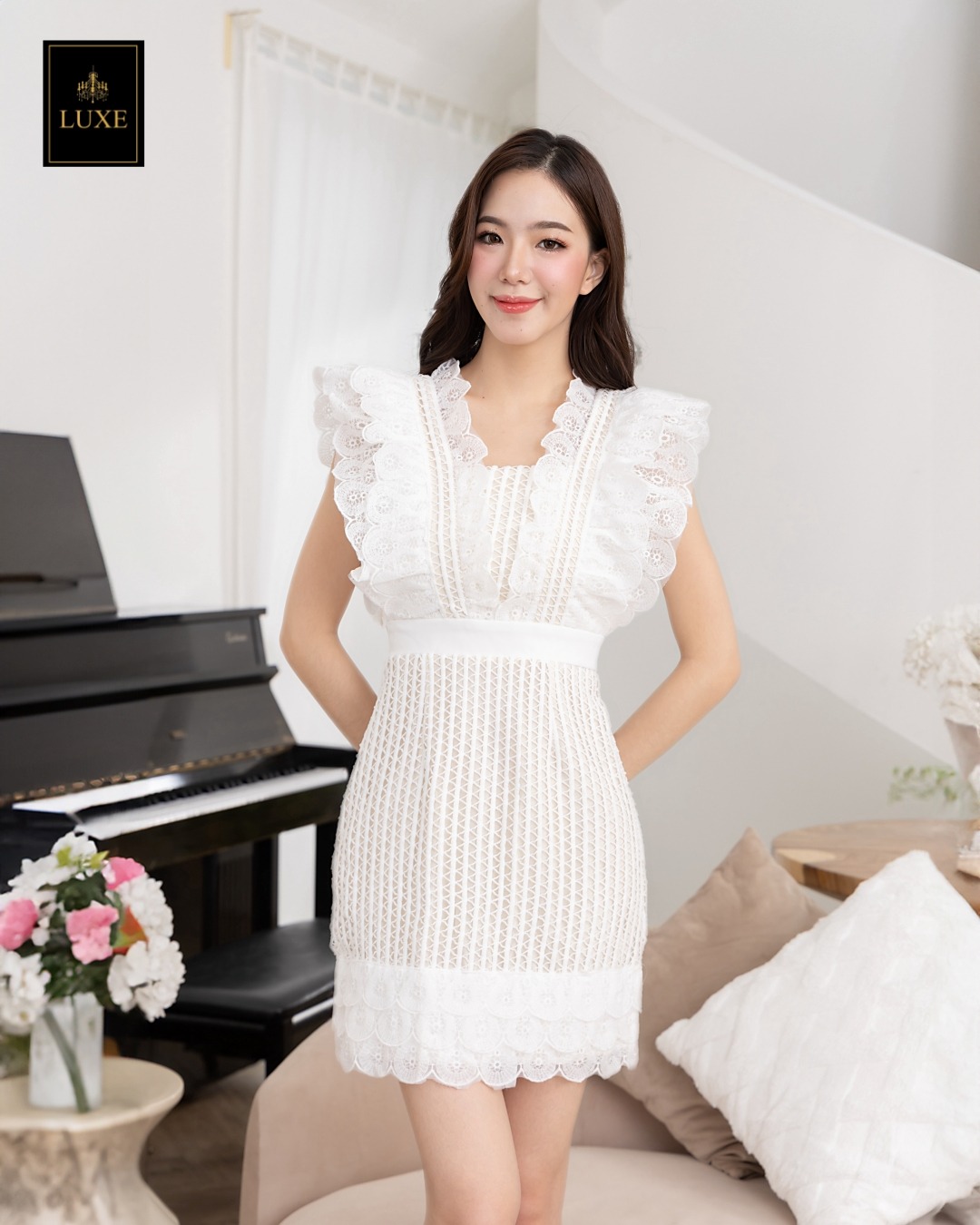 เดรสแฟชั่น เดรสผ้าลูกไม้คอตตอนโครเชต์ เสื้อแขนกุดแต่งระบาย กระโปรงสั้นทรงเอ