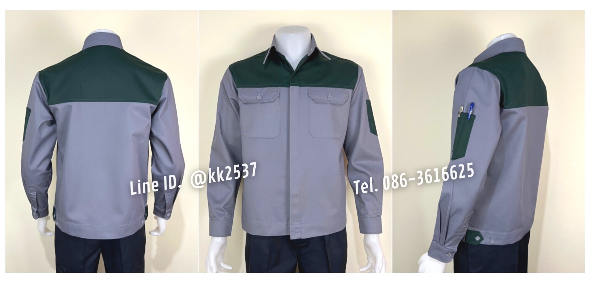 รหัส A 268 เสื้อช่างแขนยาวผ้าคอมทวิวสีเทาอกเขียวกระดุมซ่อนสาบ(สั่งตัด)